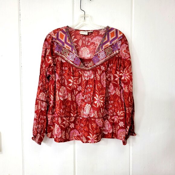 Rachael Zoe Red Cotton Floral Print Peasant Blouse - Picture 5 of 5